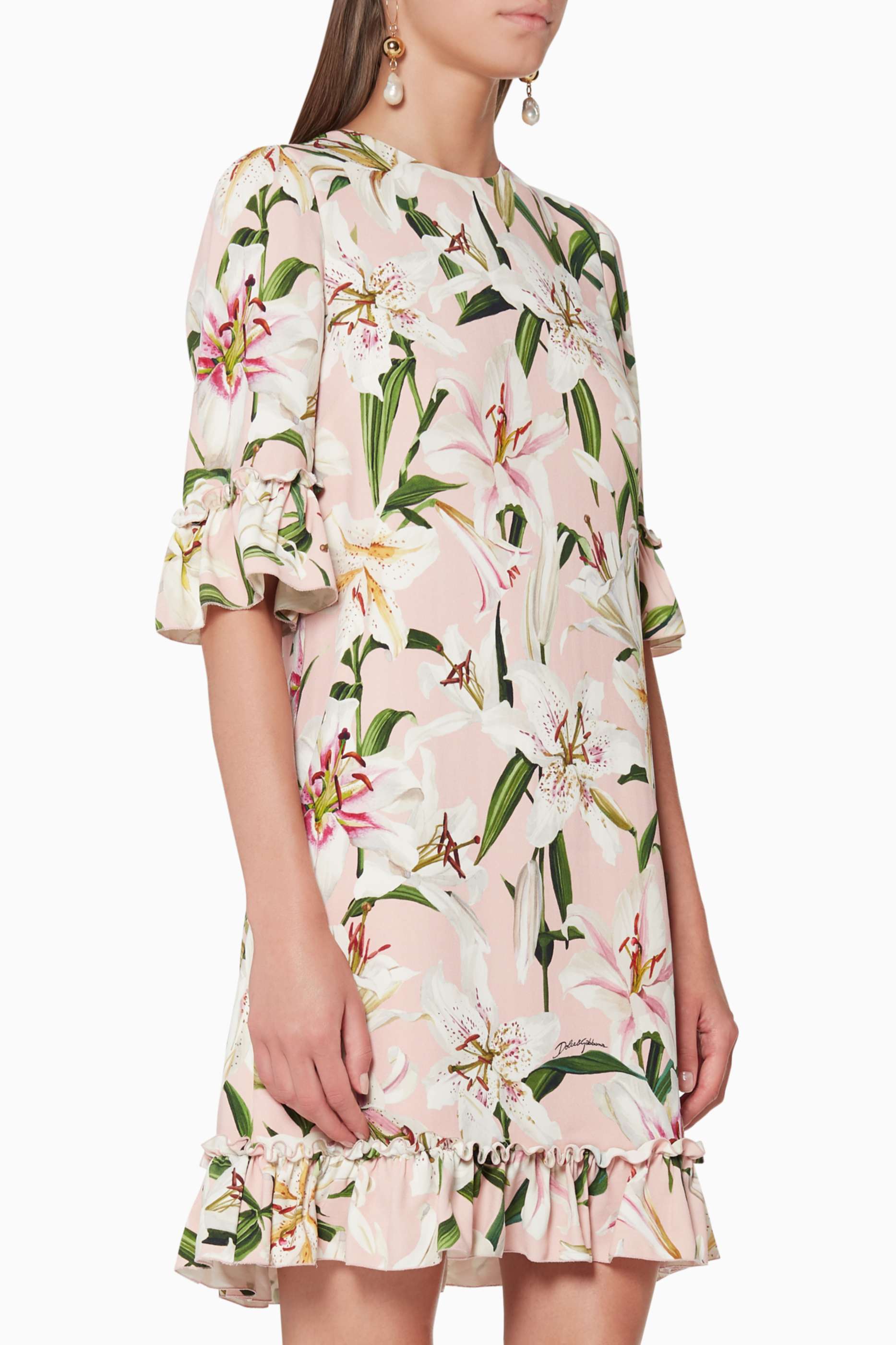 Shop Dolce & Gabbana Pink Lily-Print Cady Ruffled Mini Dress for 