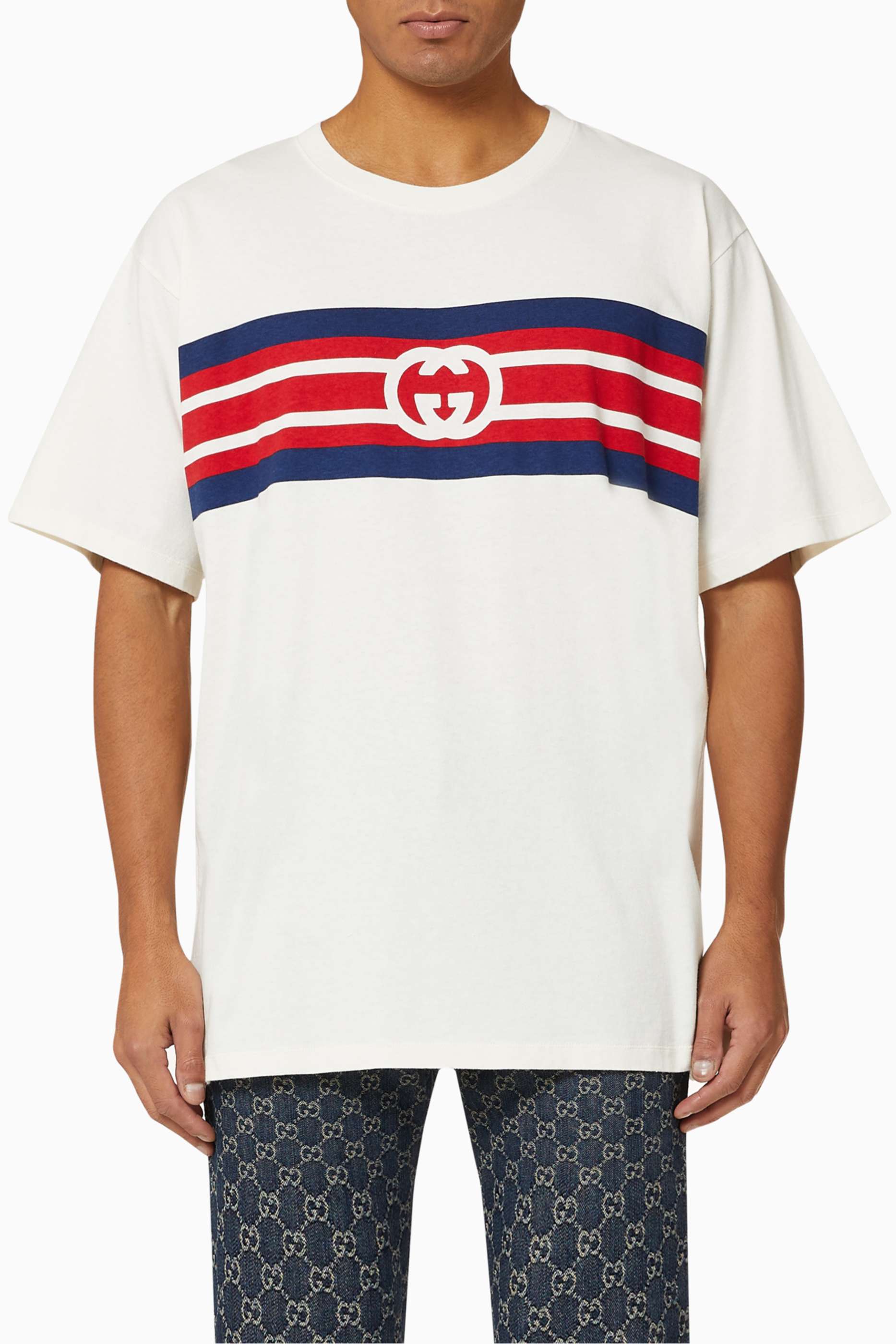 Shop Gucci Neutral Interlocking G Stripe Print Cotton T-shirt for 