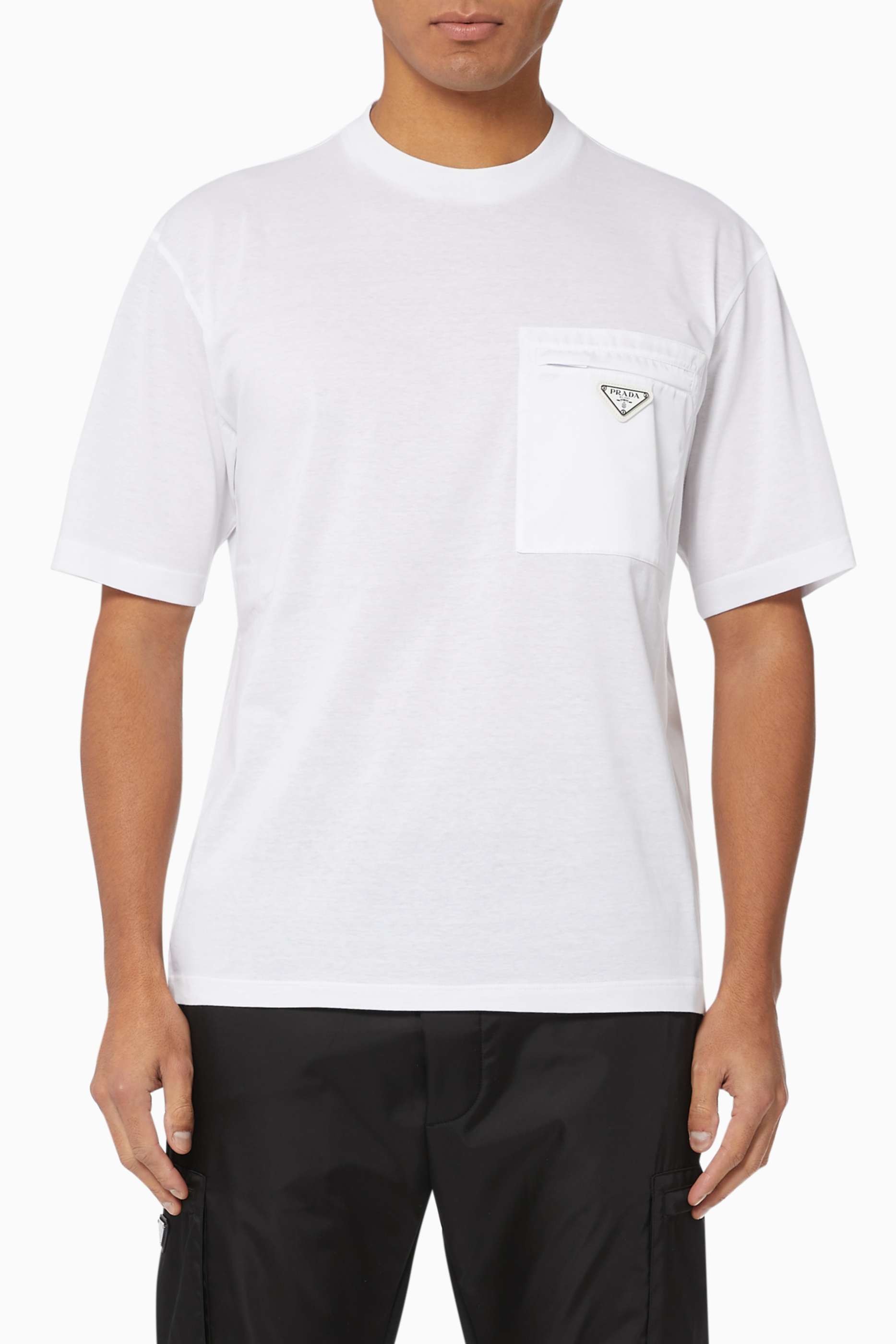 Shop Prada White Triangle Logo Nylon Pocket T-Shirt for Men 