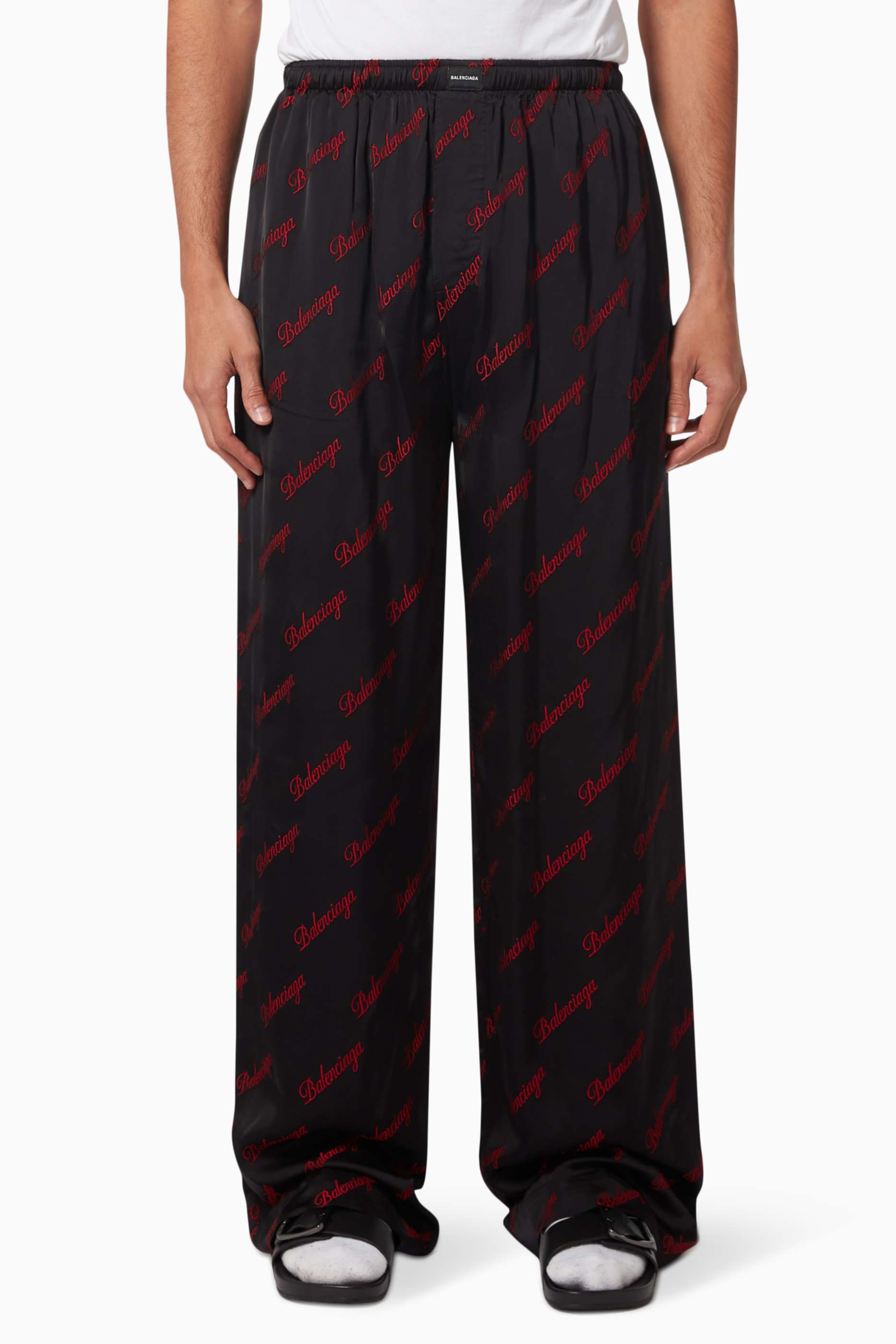 Shop Balenciaga Black Allover Script Logo Pajama Pants in Silk 