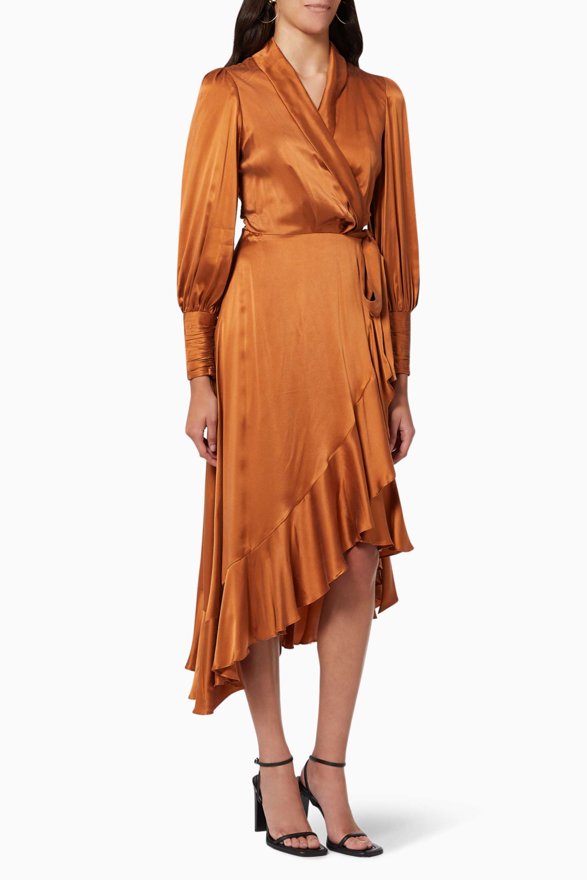 Shop Zimmermann Orange Wrap Midi Dress in Silk for Women | Ounass UAE