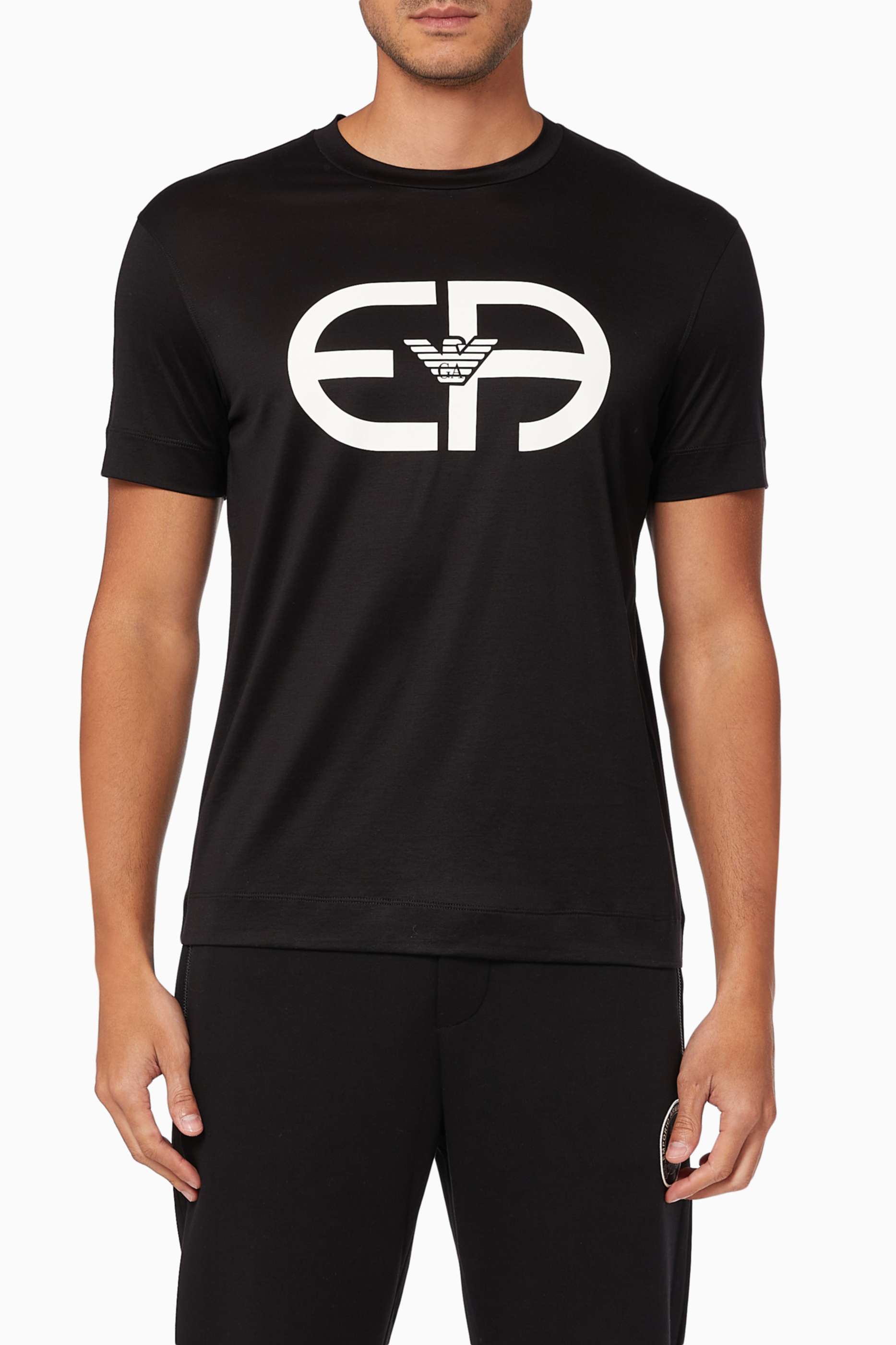 Shop Emporio Armani Black Large R-EAcreate Logo T-shirt in Tencel 